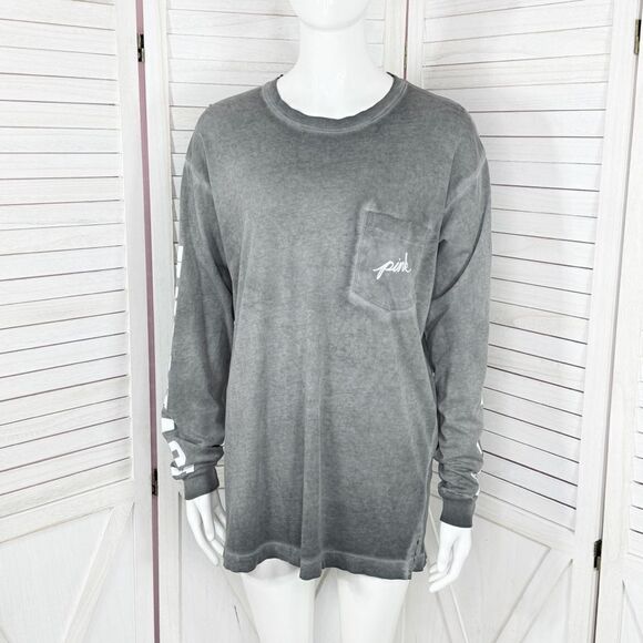 Pink by Victoria’s Secret Vintage Wash Long Sleeve Pocket Tee Shirt Grey Small - Picture 1 of 12